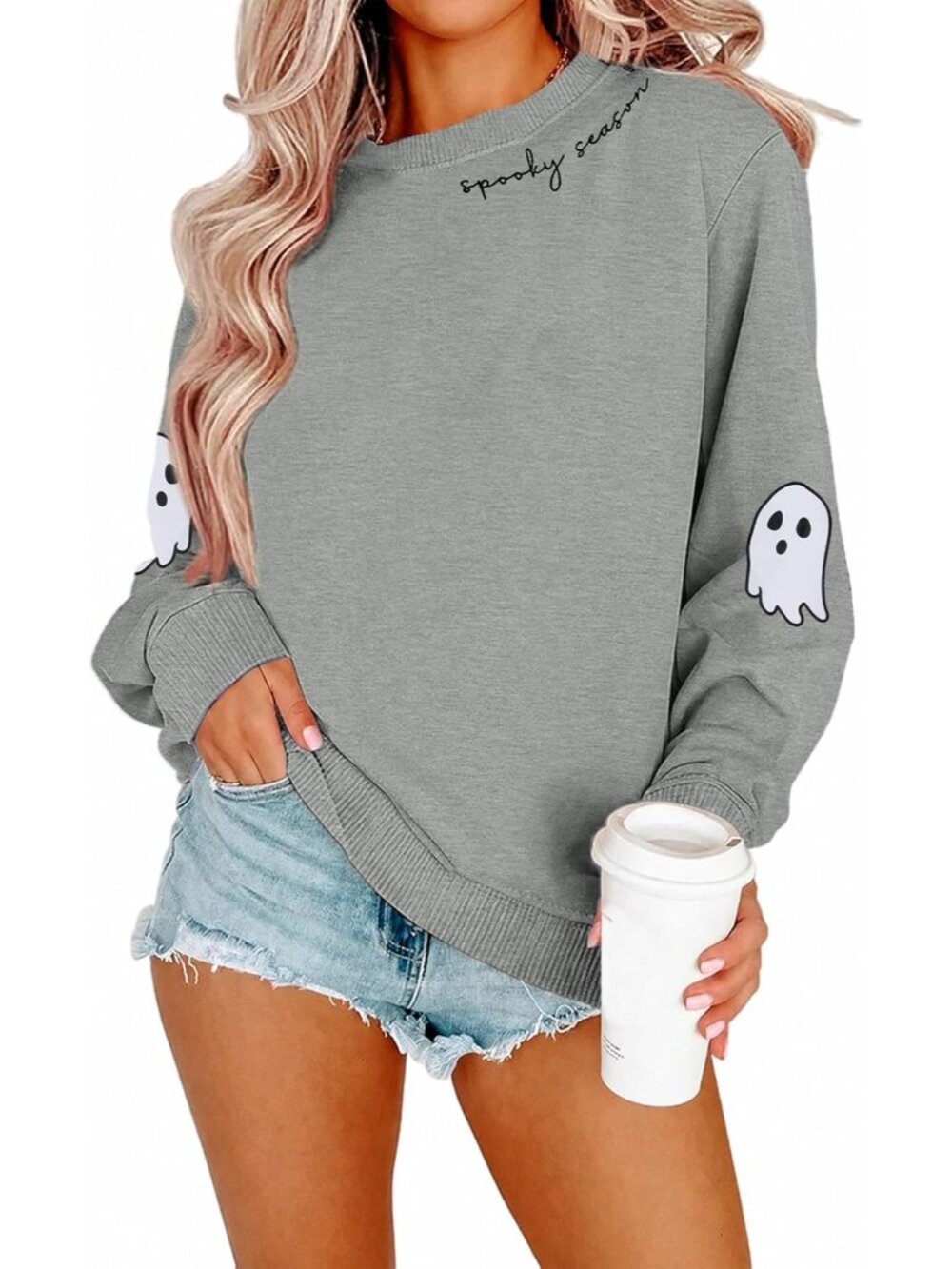 🆕 Women's Gray Spooky Season Ghost Sleeve Crewneck Halloween Sweatshirt Top